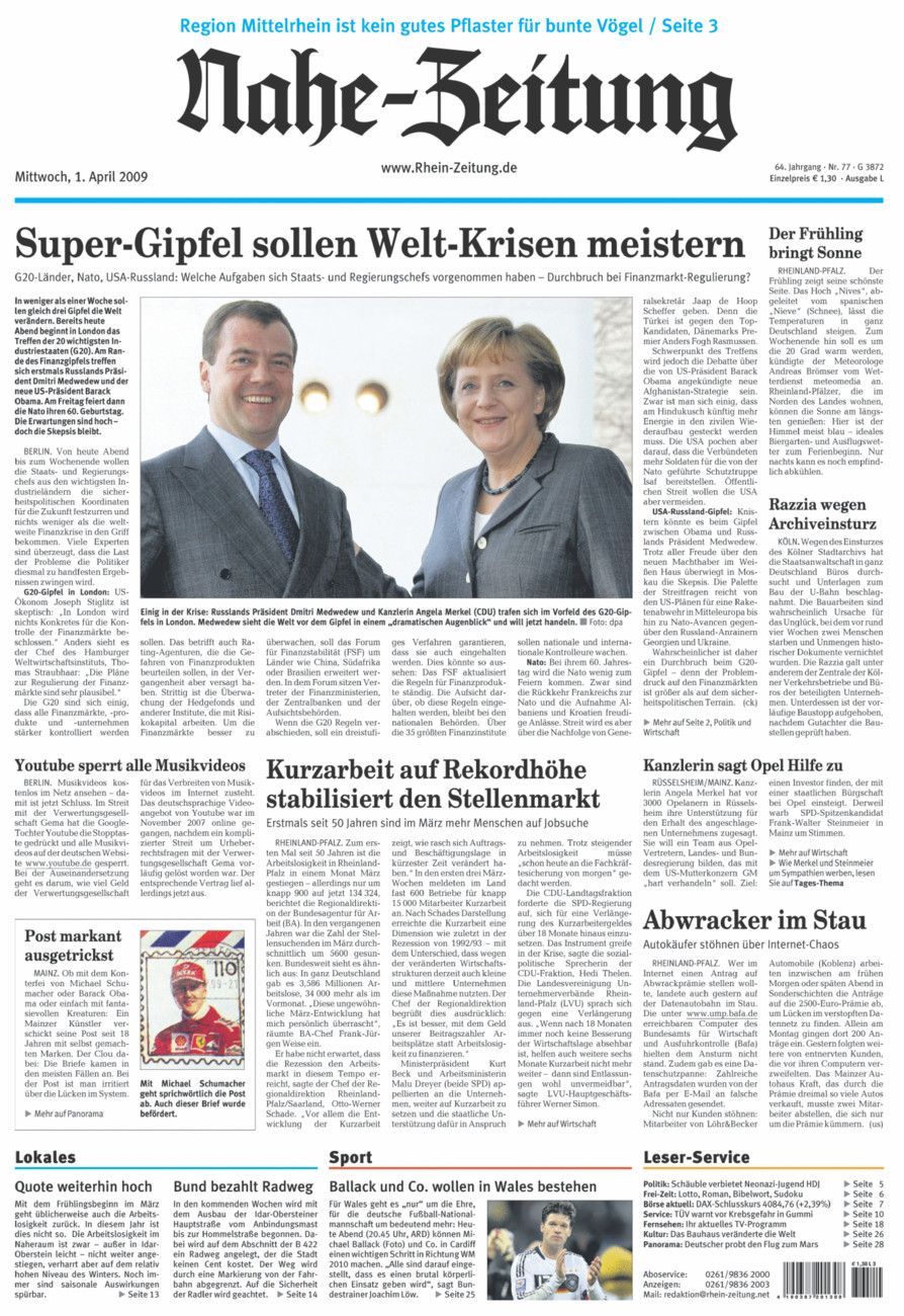 Nahe-Zeitung vom Mittwoch, 01.04.2009