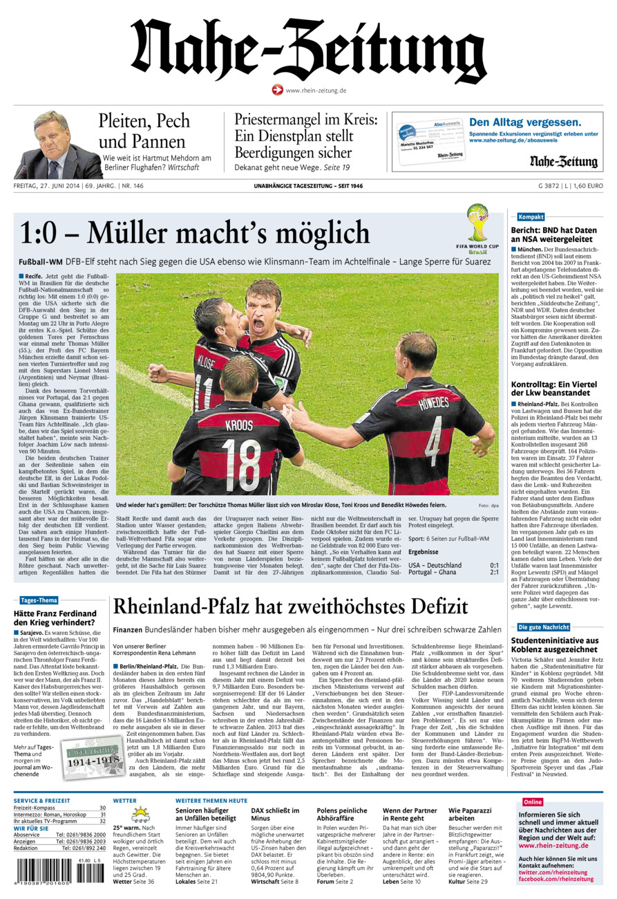 Nahe-Zeitung vom Freitag, 27.06.2014