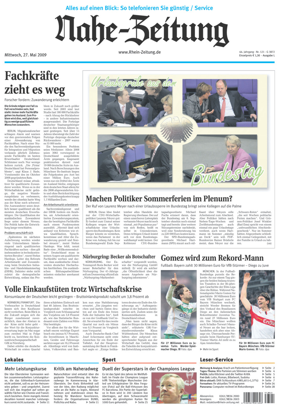 Nahe-Zeitung vom Mittwoch, 27.05.2009