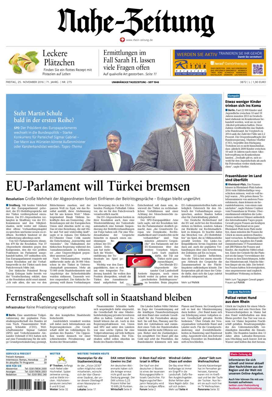 Nahe-Zeitung vom Freitag, 25.11.2016