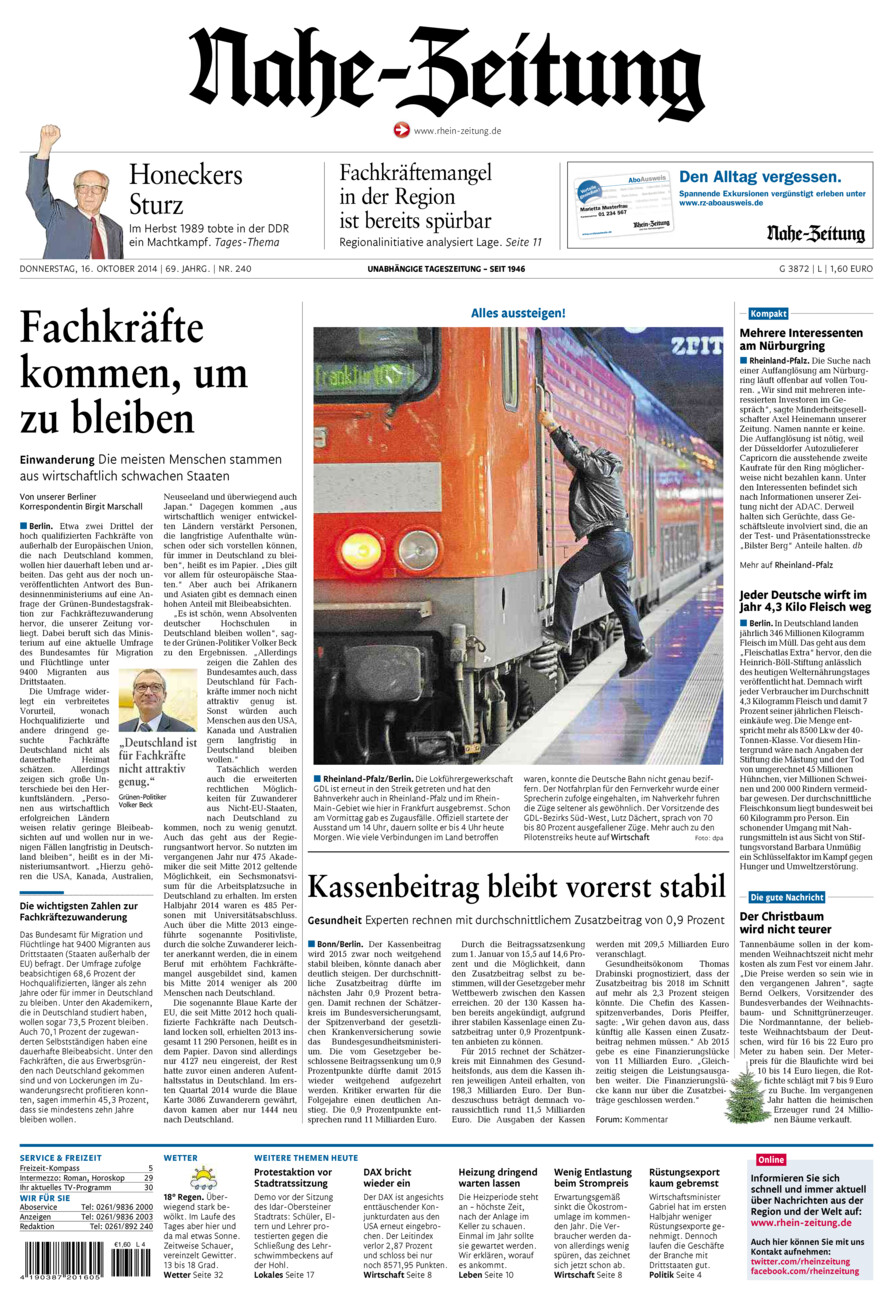 Nahe-Zeitung vom Donnerstag, 16.10.2014