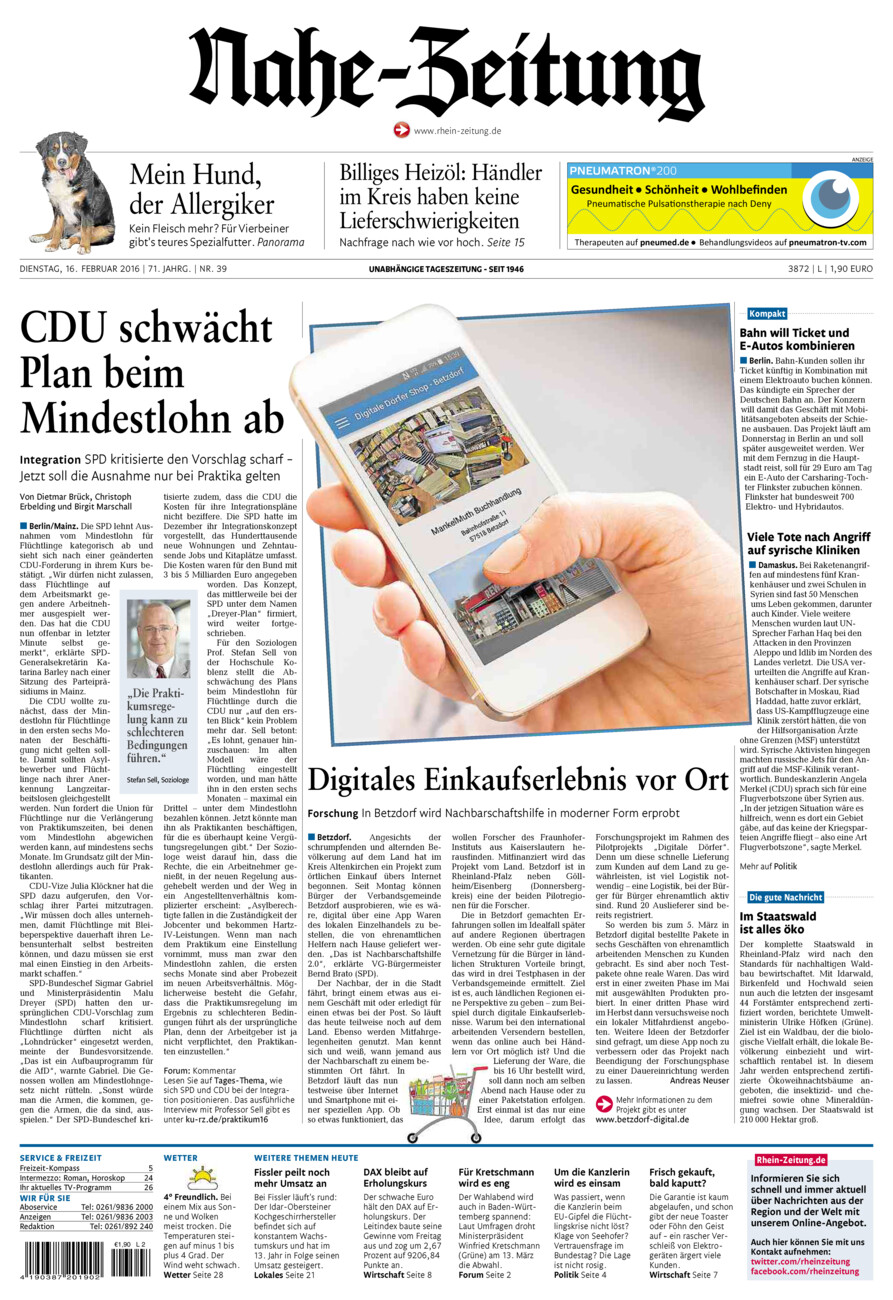 Nahe-Zeitung vom Dienstag, 16.02.2016