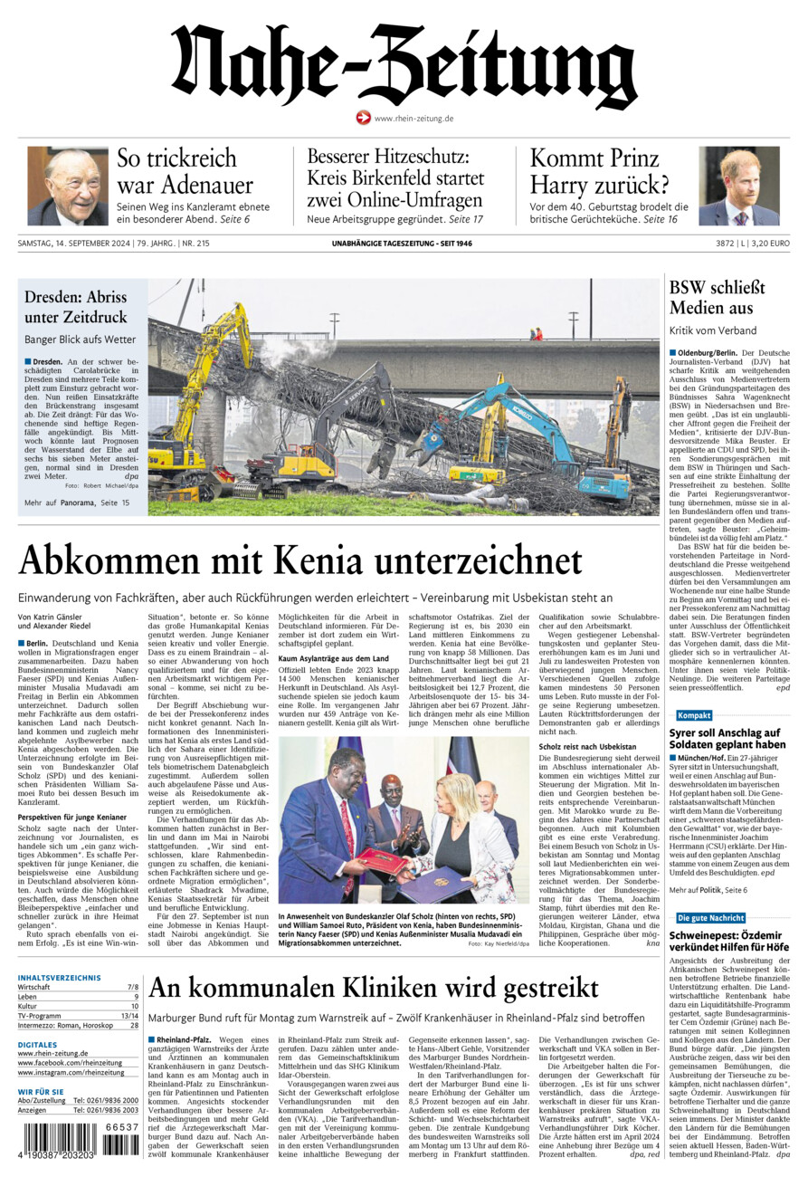 Nahe-Zeitung vom Samstag, 14.09.2024