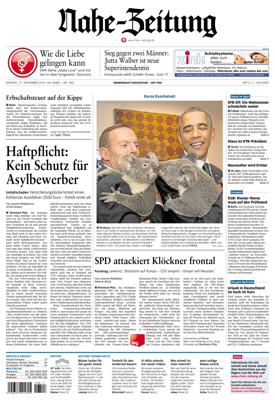 Nahe-Zeitung vom Montag, 17.11.2014