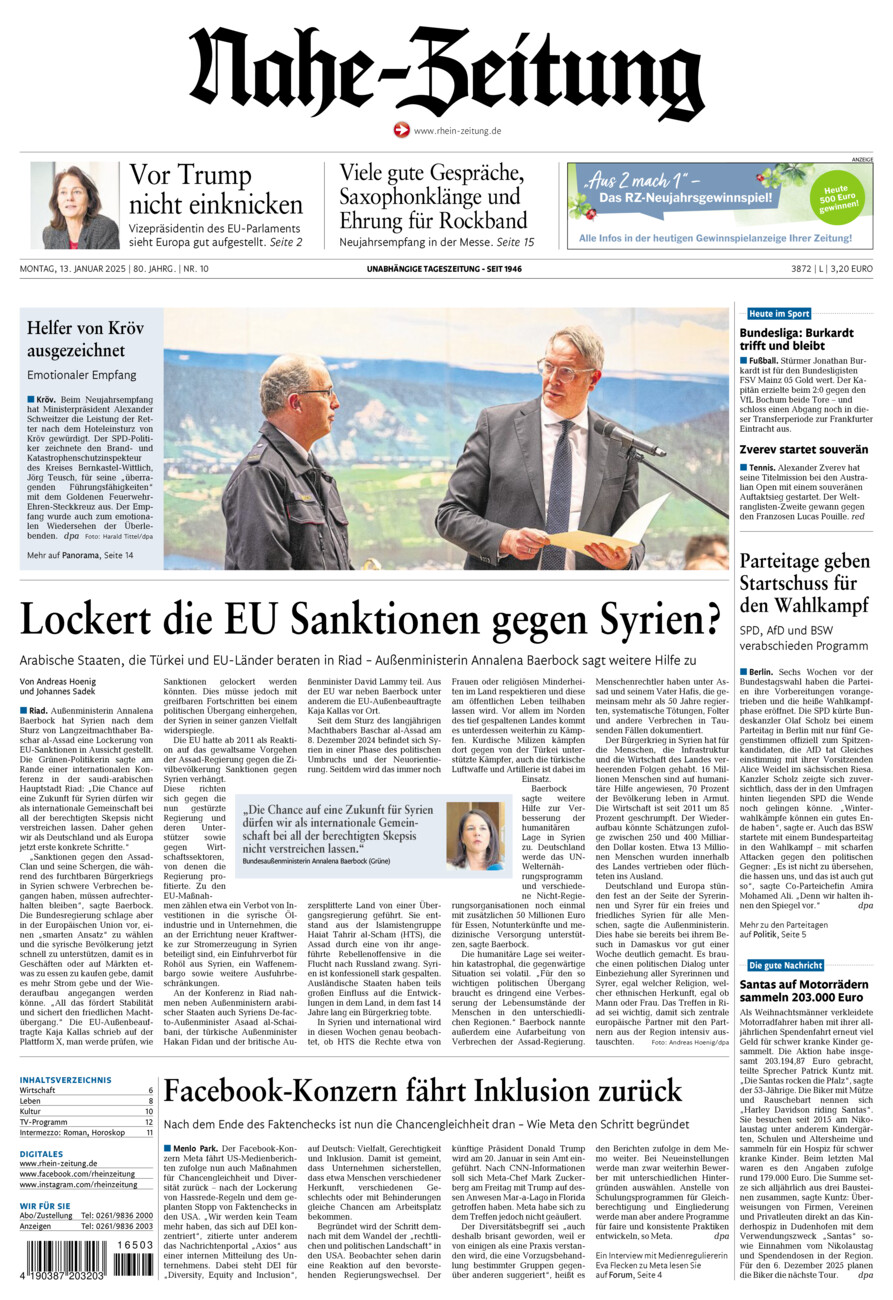 Nahe-Zeitung vom Montag, 13.01.2025