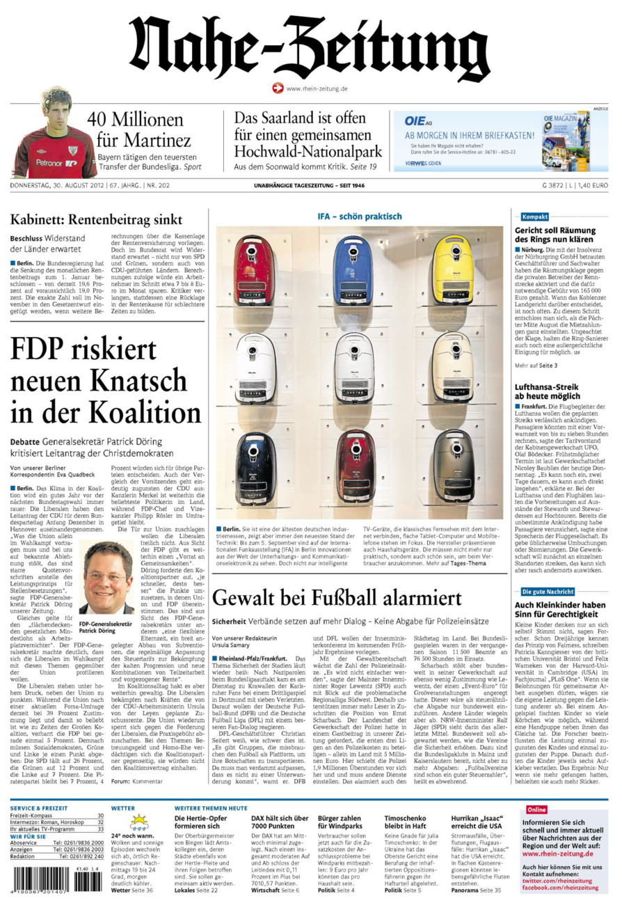 Nahe-Zeitung vom Donnerstag, 30.08.2012
