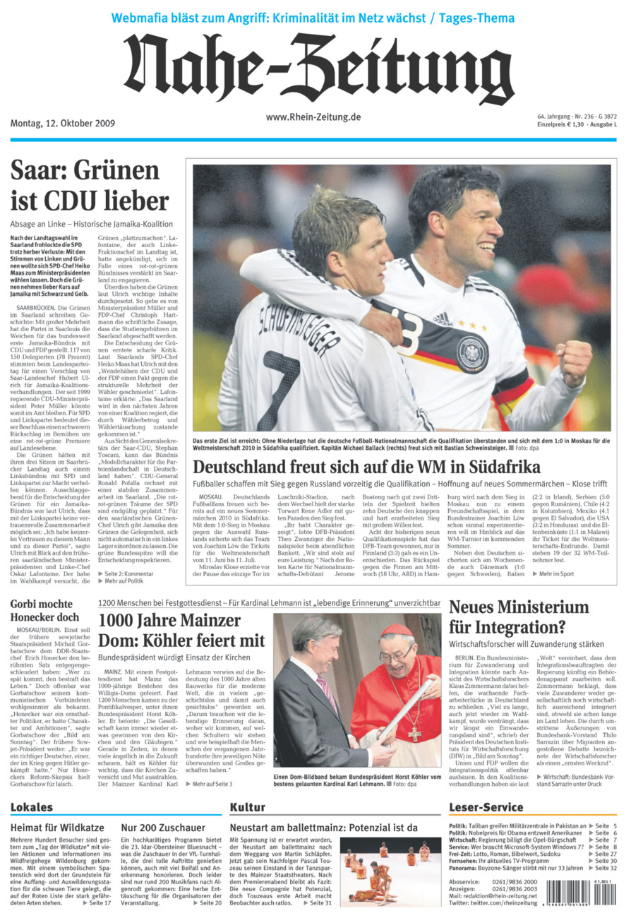 Nahe-Zeitung vom Montag, 12.10.2009