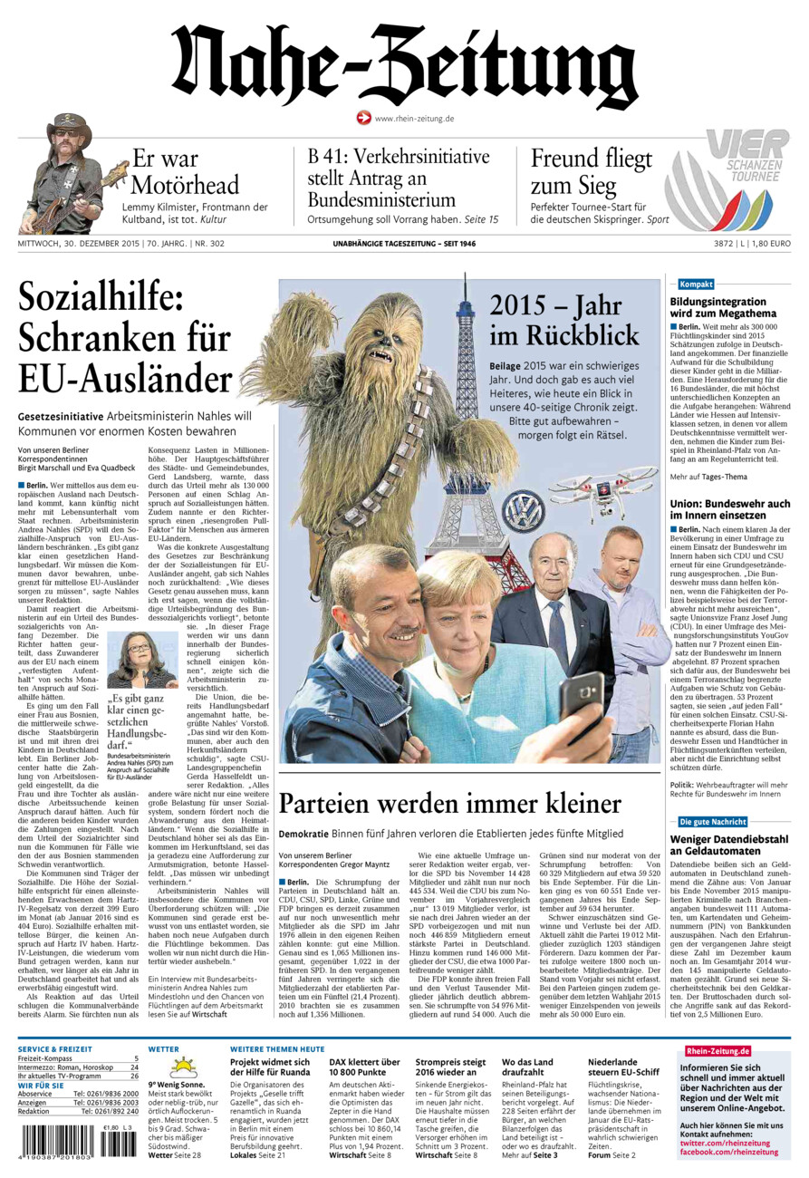 Nahe-Zeitung vom Mittwoch, 30.12.2015