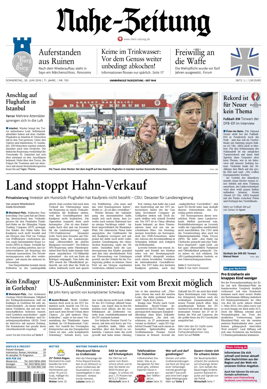 Nahe-Zeitung vom Donnerstag, 30.06.2016