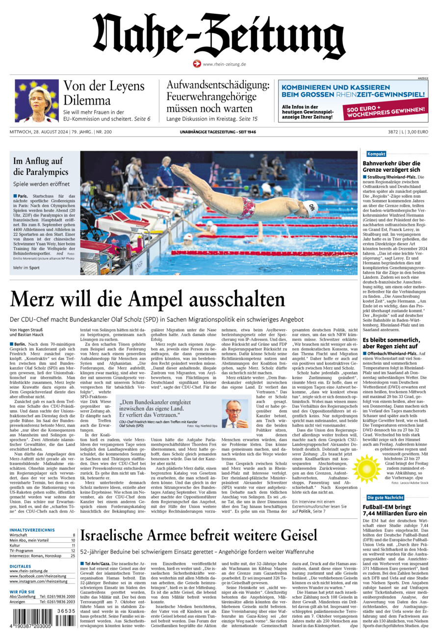 Nahe-Zeitung vom Mittwoch, 28.08.2024