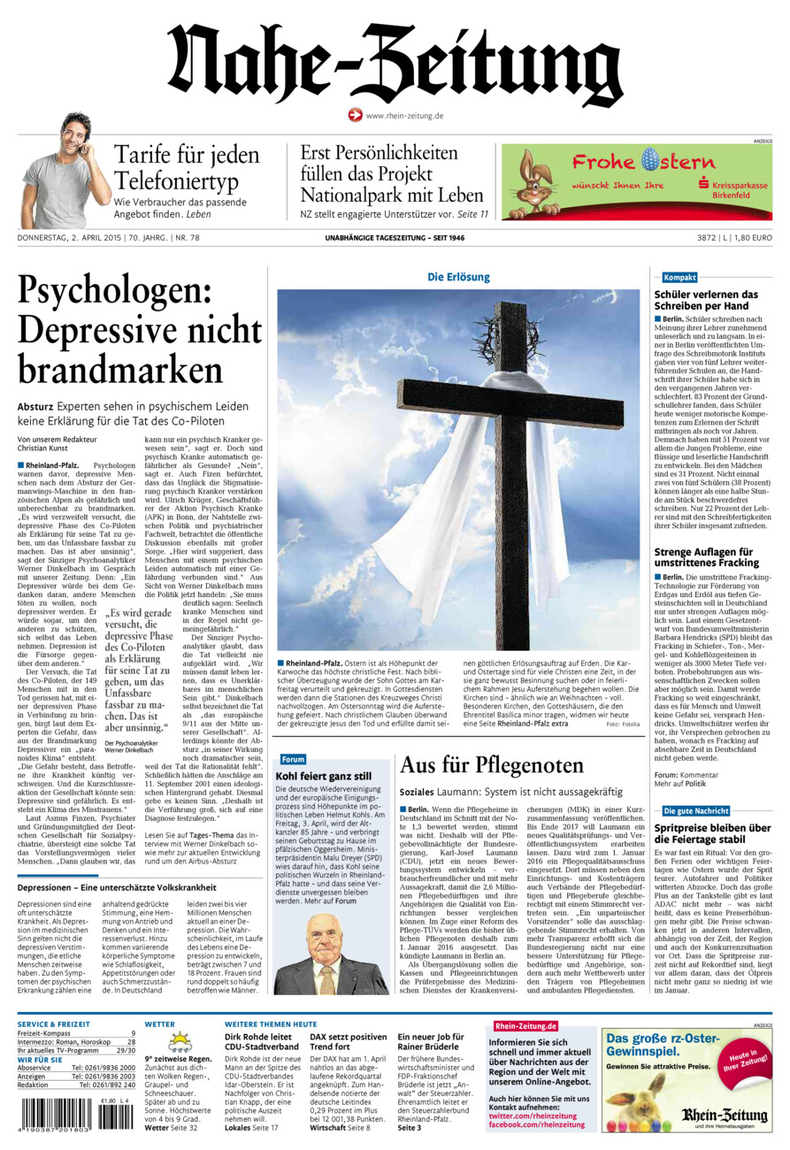 Nahe-Zeitung vom Donnerstag, 02.04.2015