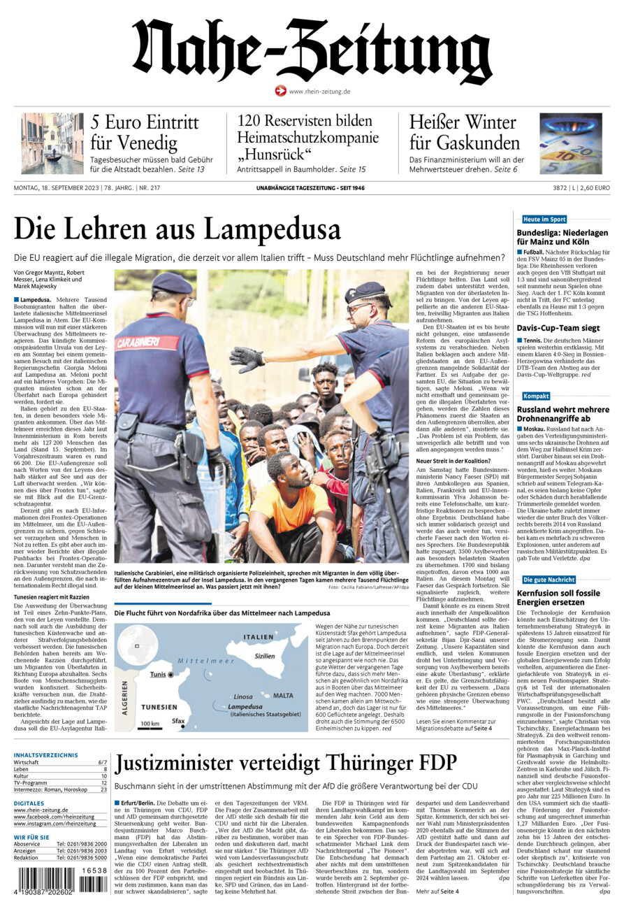 Nahe-Zeitung vom Montag, 18.09.2023