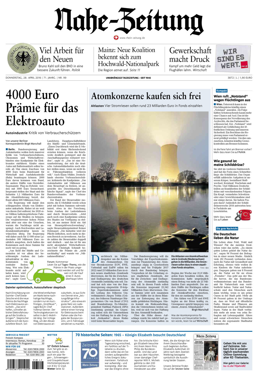 Nahe-Zeitung vom Donnerstag, 28.04.2016