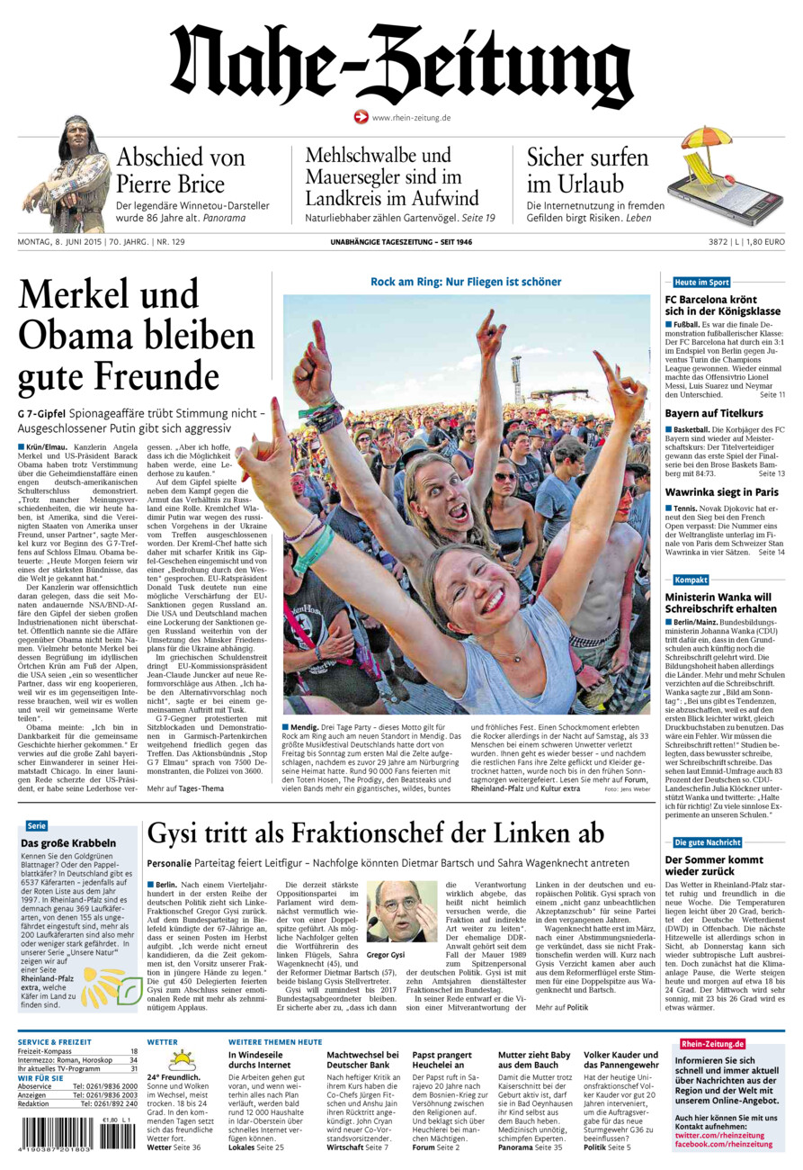 Nahe-Zeitung vom Montag, 08.06.2015