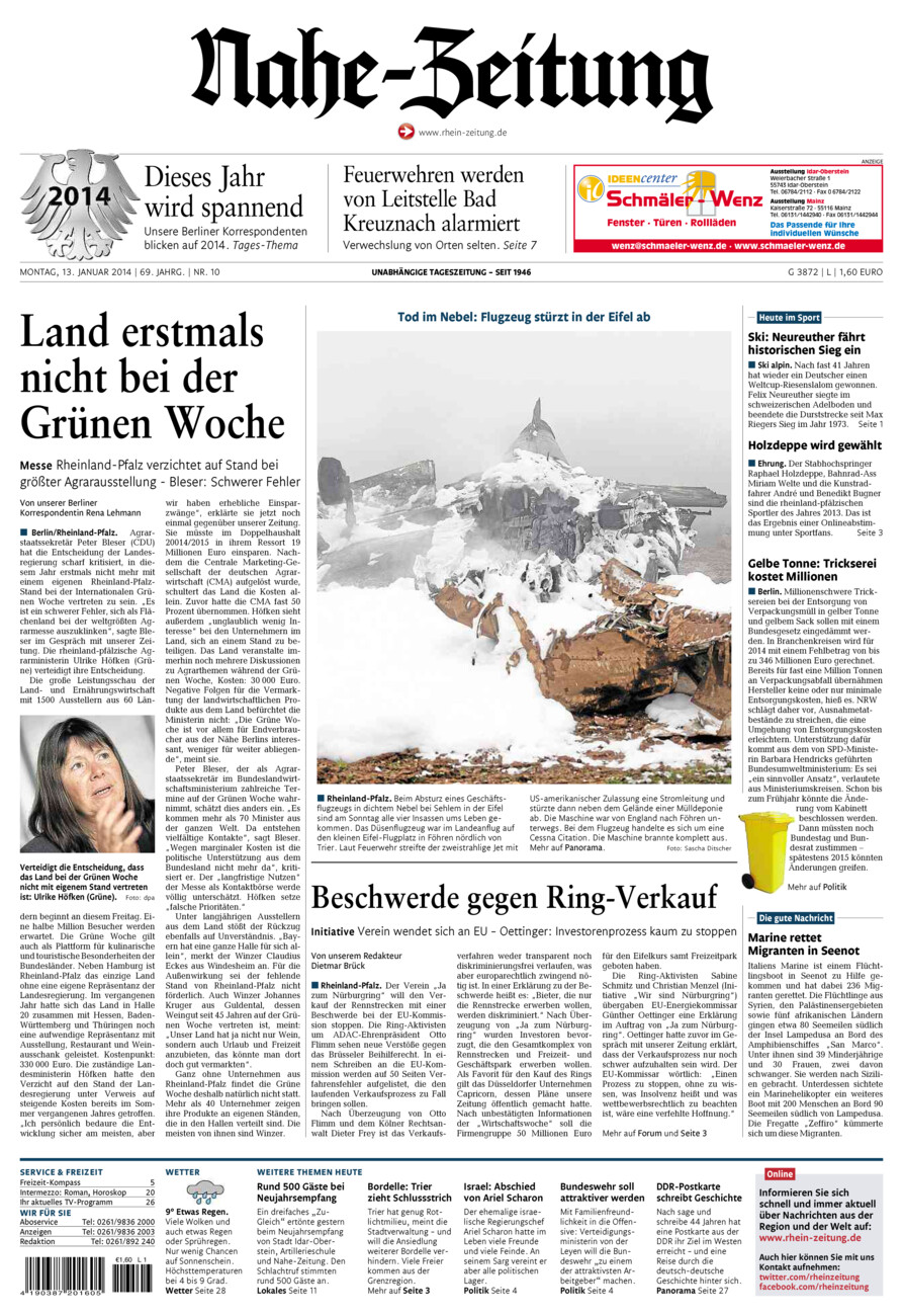 Nahe-Zeitung vom Montag, 13.01.2014