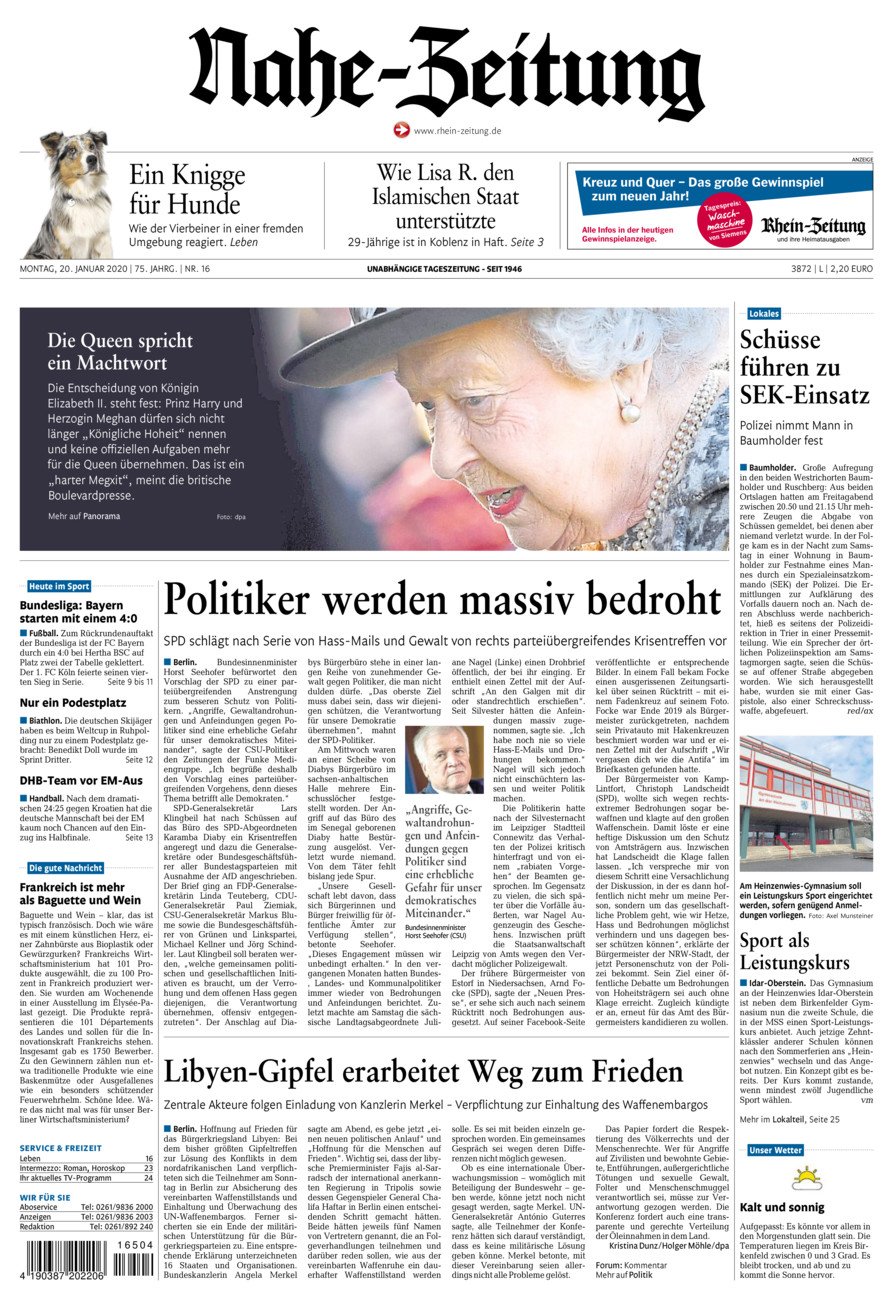 Nahe-Zeitung vom Montag, 20.01.2020