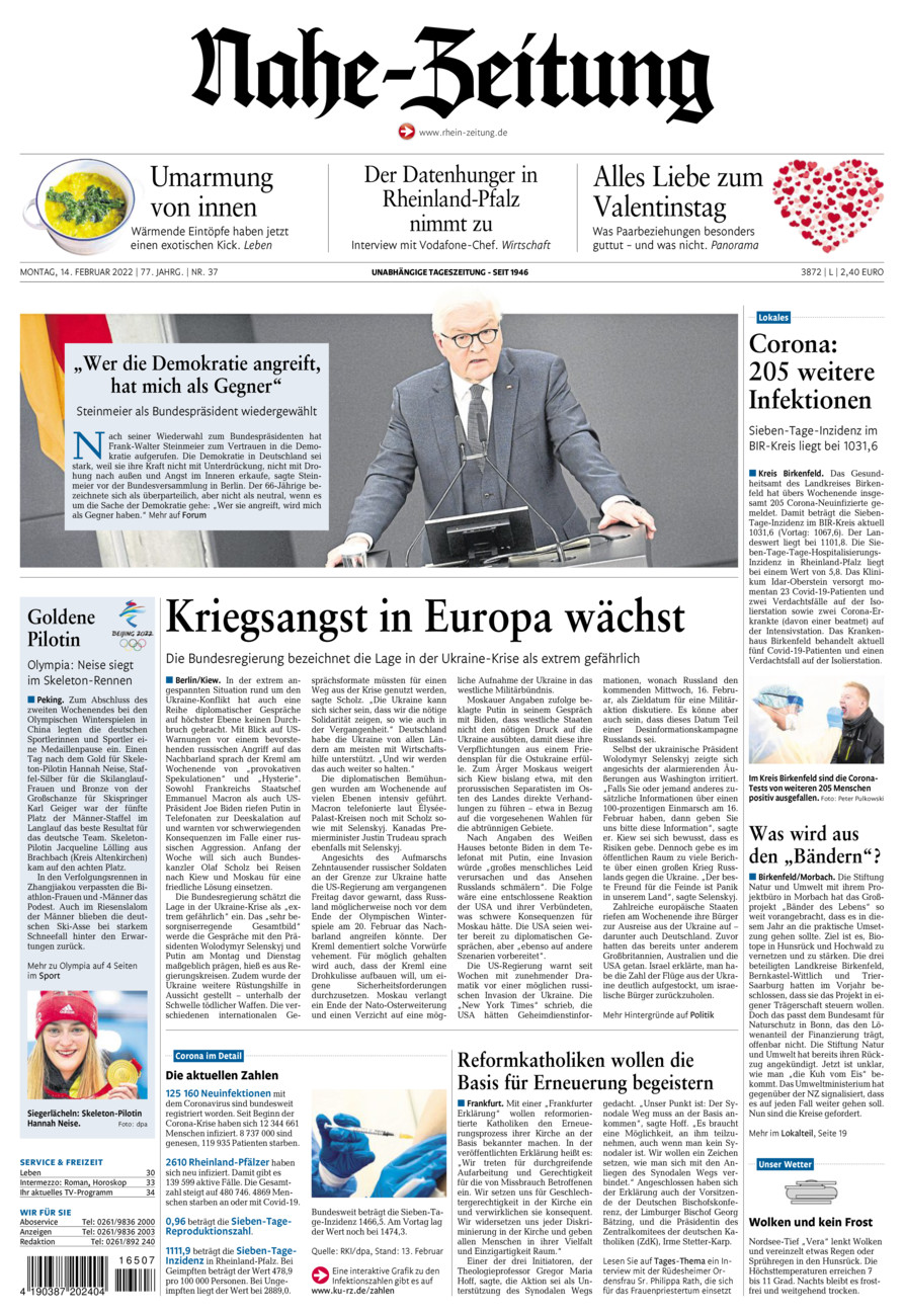 Nahe-Zeitung vom Montag, 14.02.2022