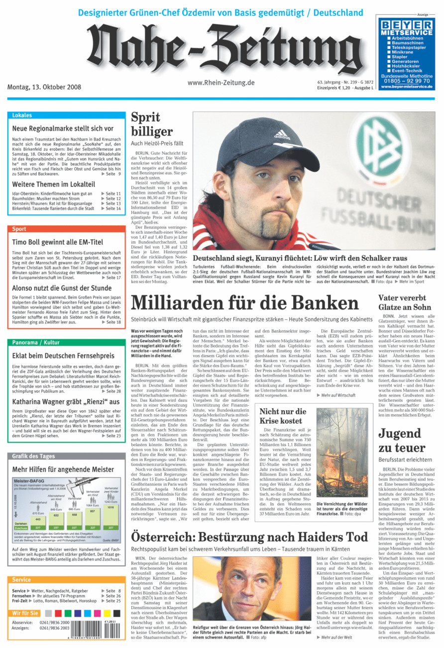 Nahe-Zeitung vom Montag, 13.10.2008