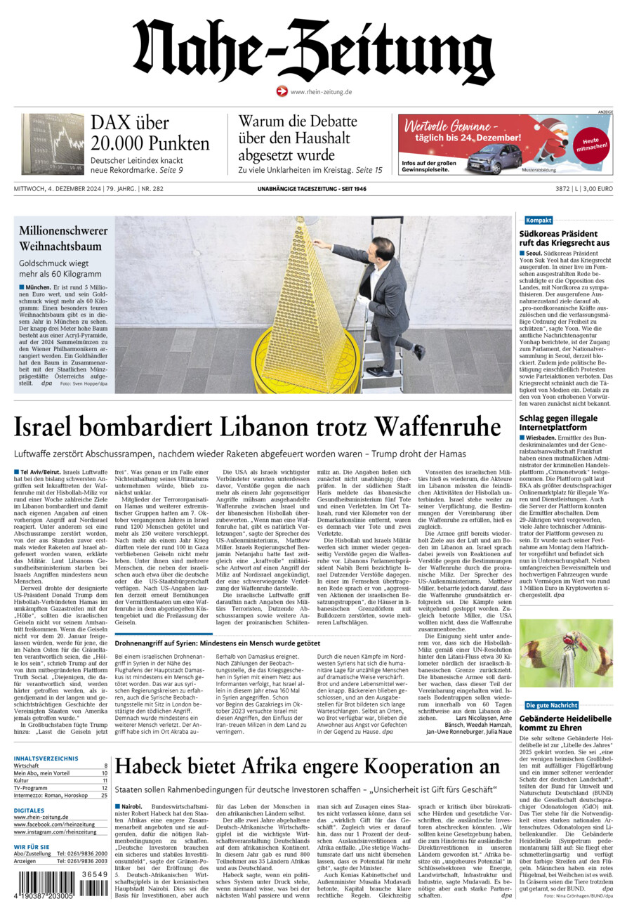 Nahe-Zeitung vom Mittwoch, 04.12.2024