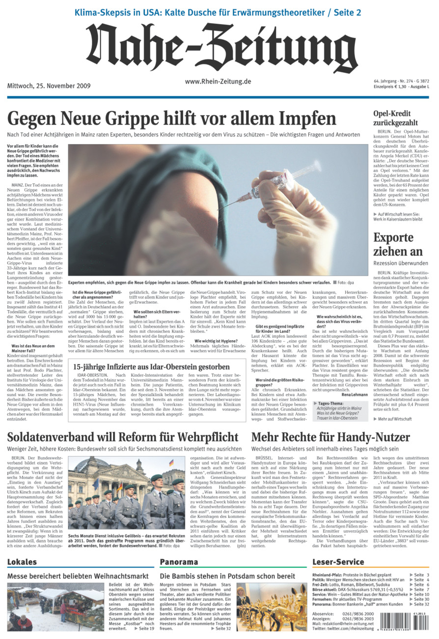 Nahe-Zeitung vom Mittwoch, 25.11.2009