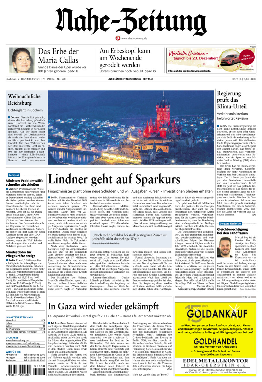 Nahe-Zeitung vom Samstag, 02.12.2023