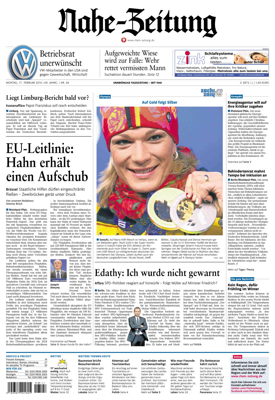 Nahe-Zeitung vom Montag, 17.02.2014
