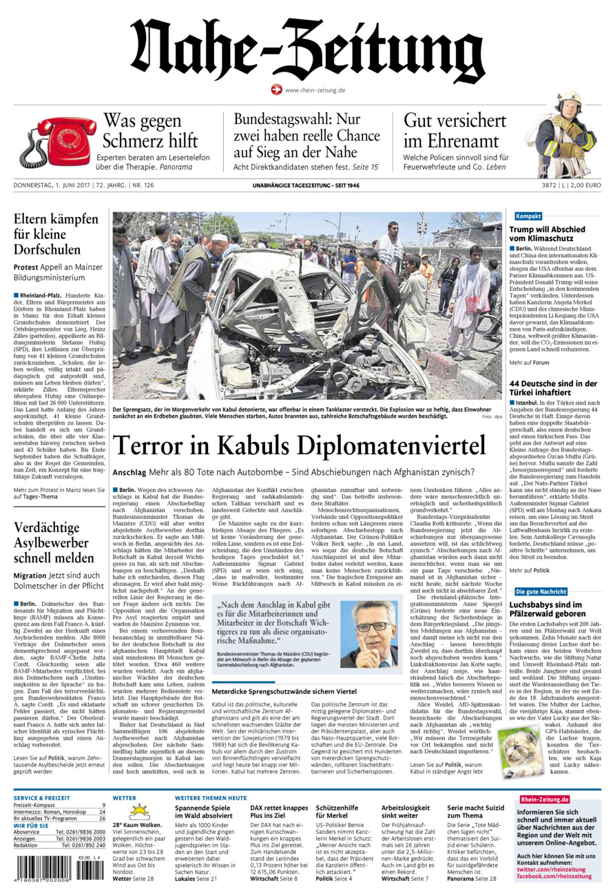 Nahe-Zeitung vom Donnerstag, 01.06.2017