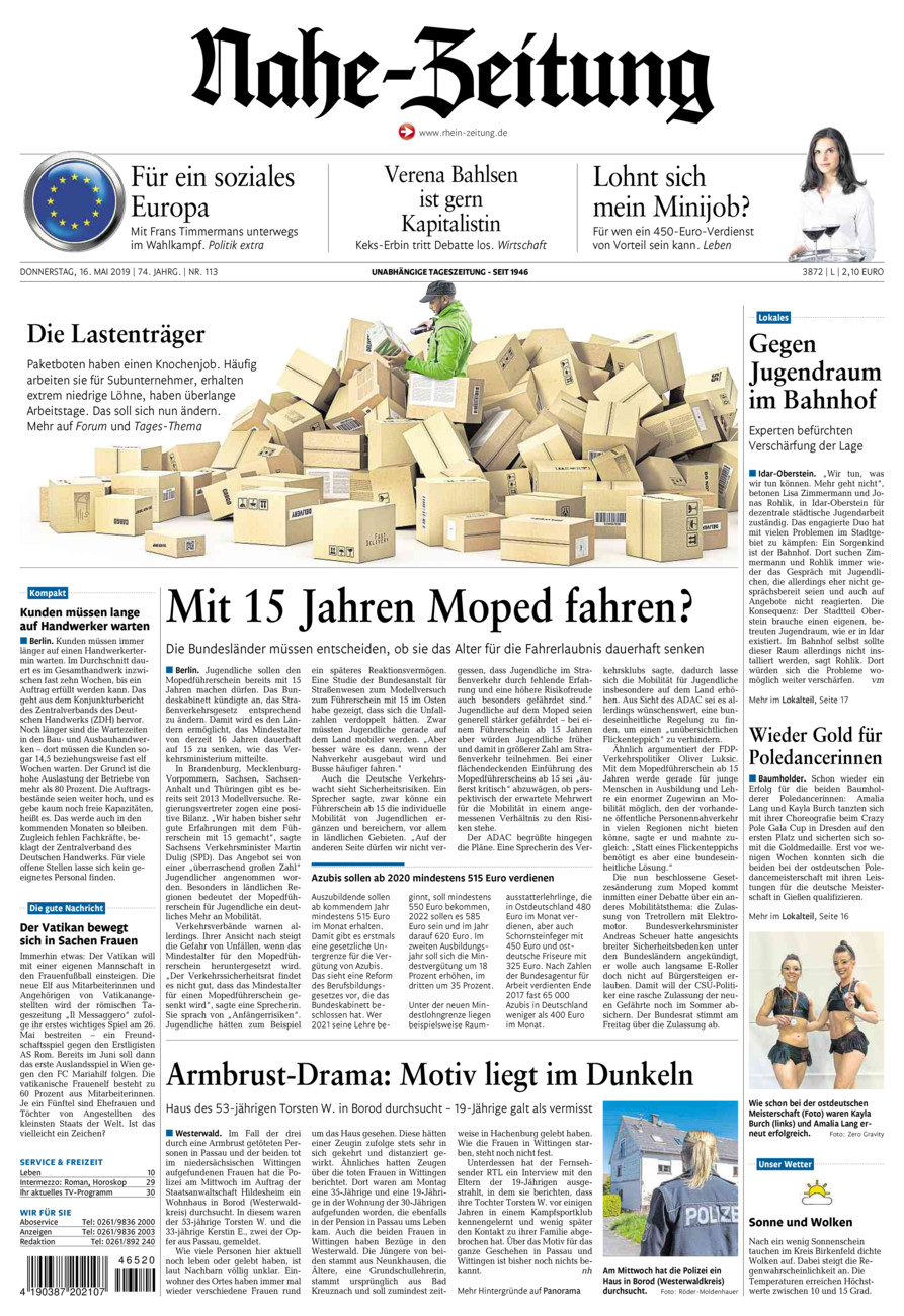 Nahe-Zeitung vom Donnerstag, 16.05.2019