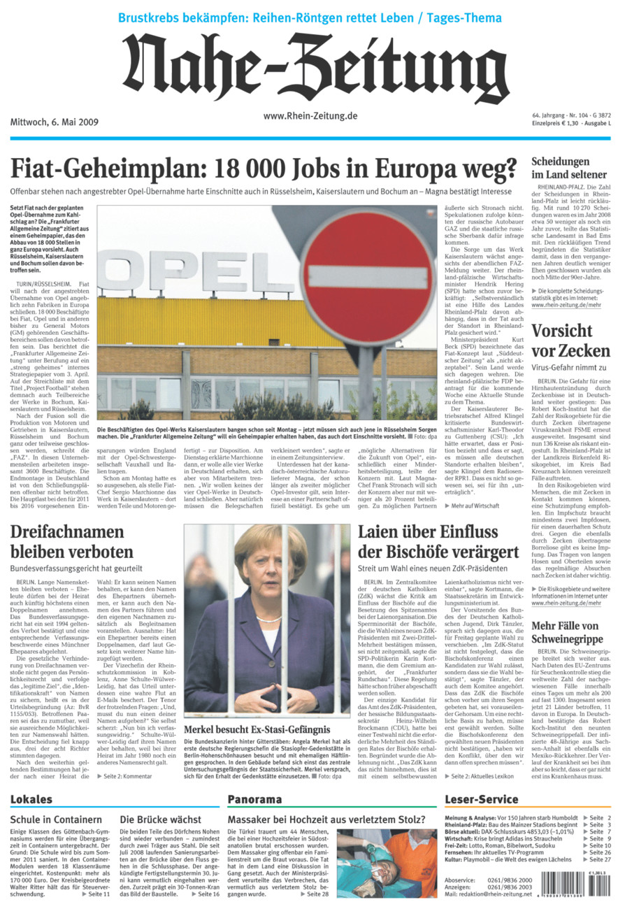 Nahe-Zeitung vom Mittwoch, 06.05.2009