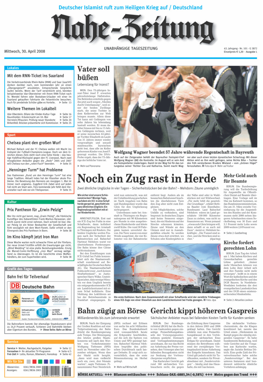 Nahe-Zeitung vom Mittwoch, 30.04.2008