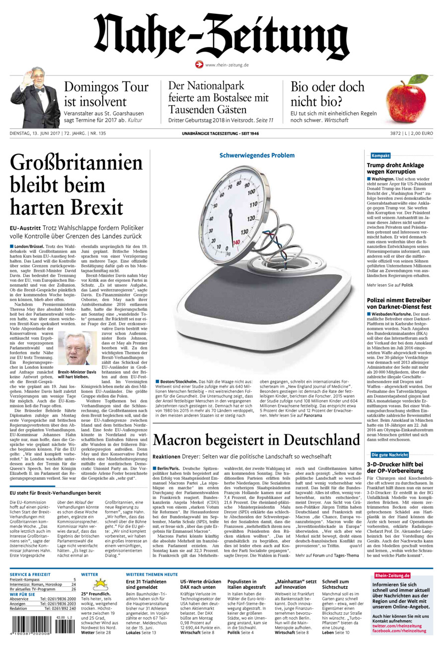 Nahe-Zeitung vom Dienstag, 13.06.2017
