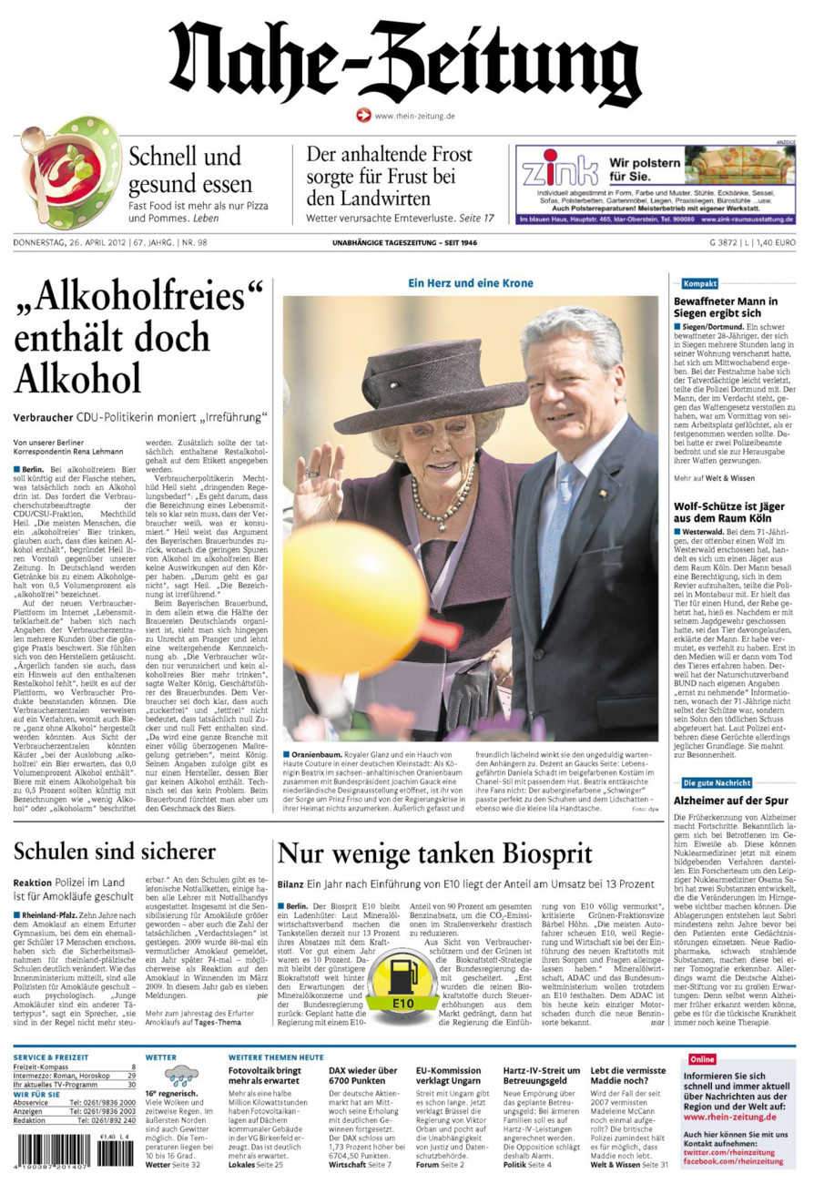 Nahe-Zeitung vom Donnerstag, 26.04.2012