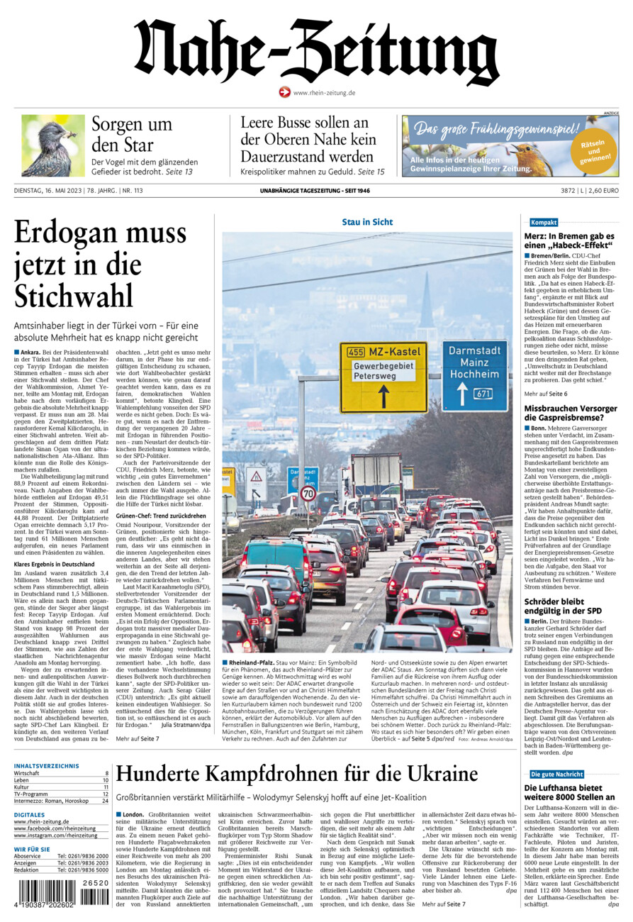 Nahe-Zeitung vom Dienstag, 16.05.2023