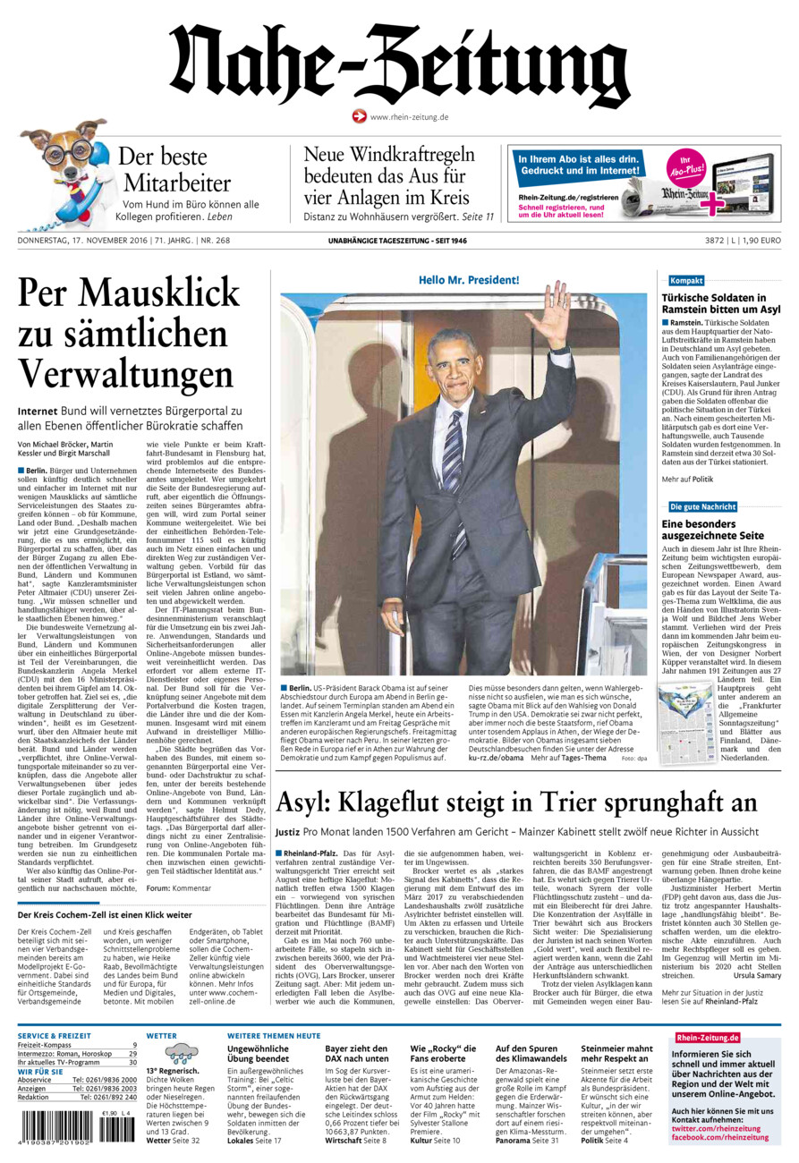 Nahe-Zeitung vom Donnerstag, 17.11.2016