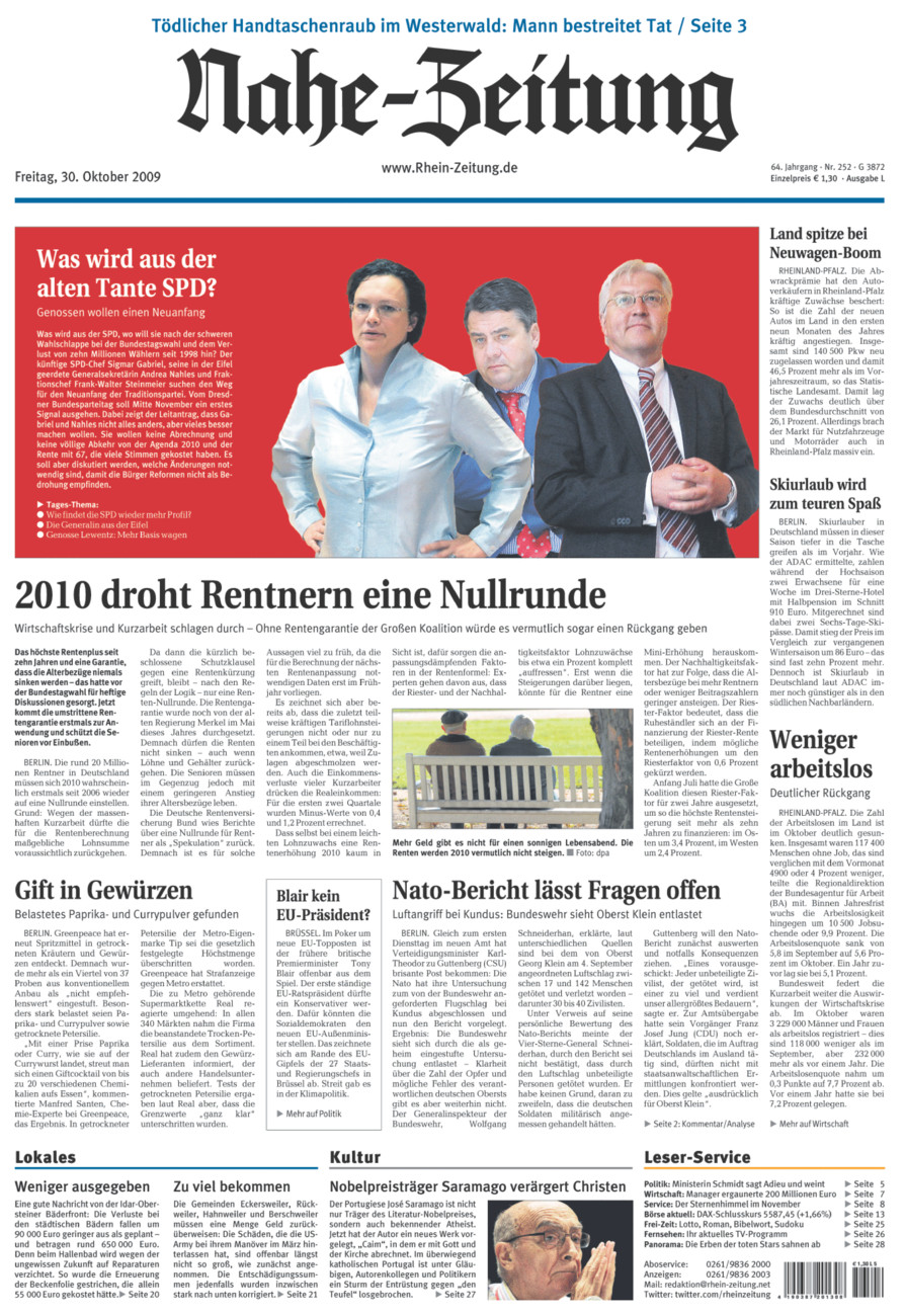 Nahe-Zeitung vom Freitag, 30.10.2009