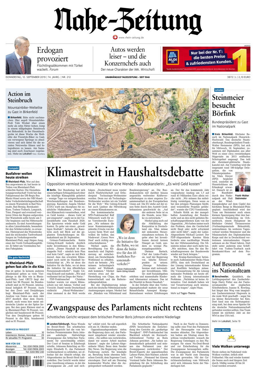 Nahe-Zeitung vom Donnerstag, 12.09.2019