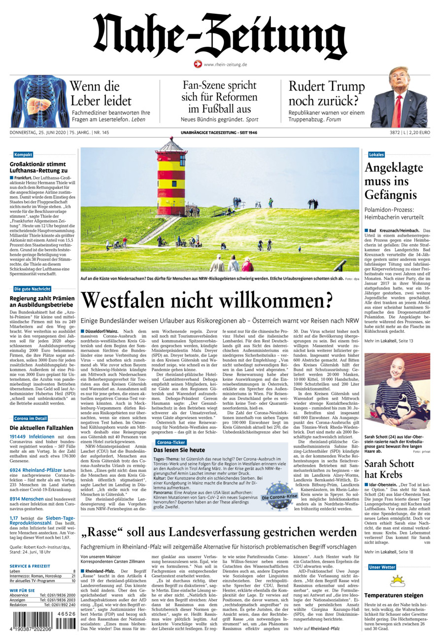 Nahe-Zeitung vom Donnerstag, 25.06.2020