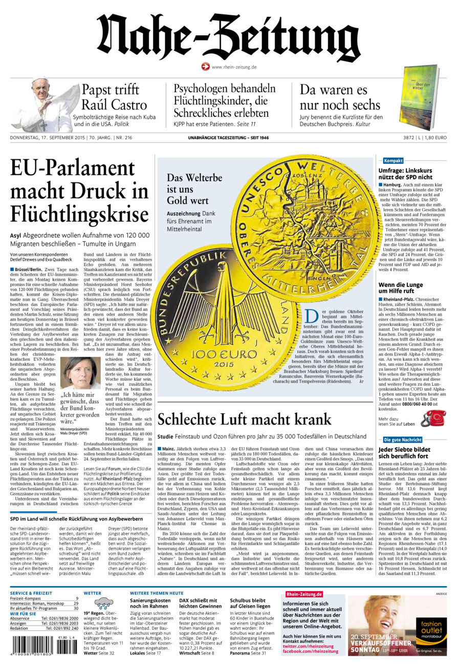 Nahe-Zeitung vom Donnerstag, 17.09.2015