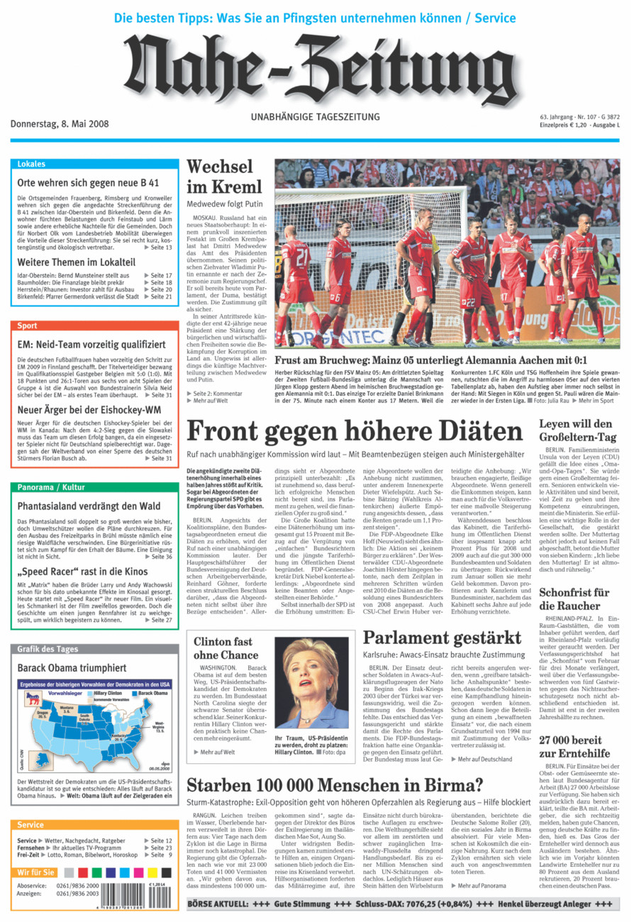 Nahe-Zeitung vom Donnerstag, 08.05.2008