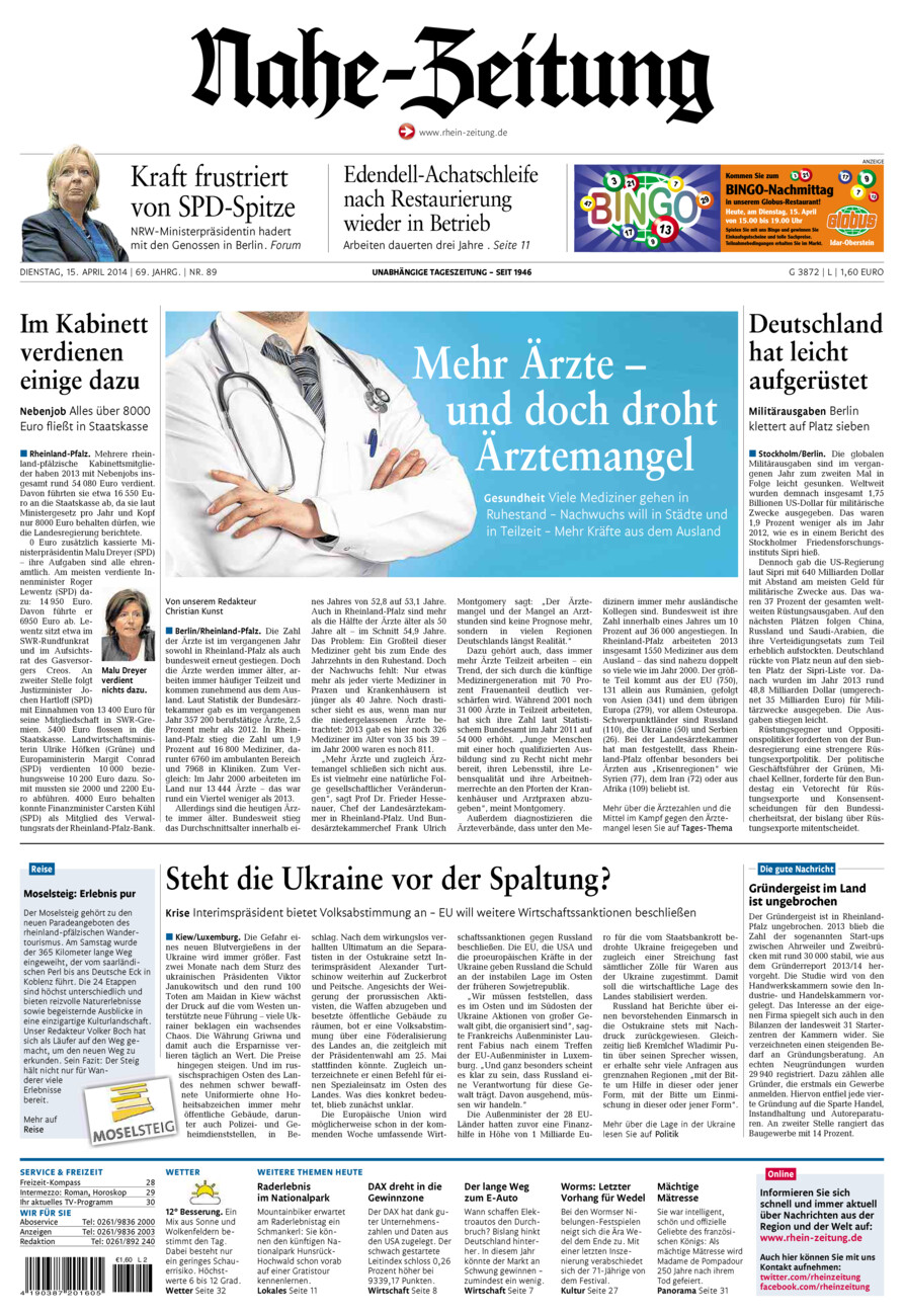 Nahe-Zeitung vom Dienstag, 15.04.2014