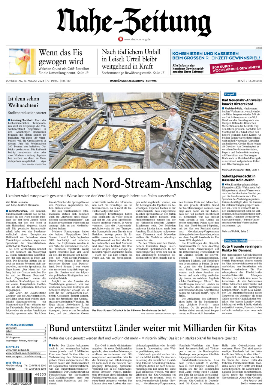 Nahe-Zeitung vom Donnerstag, 15.08.2024