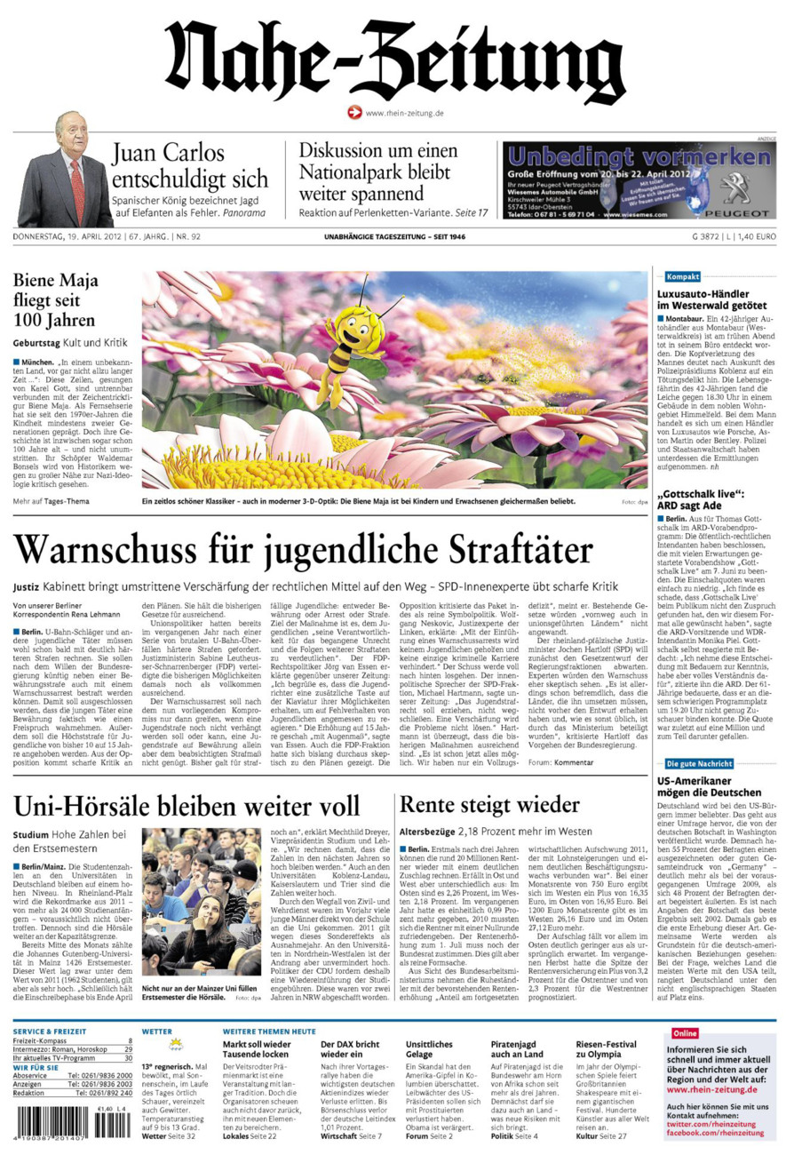 Nahe-Zeitung vom Donnerstag, 19.04.2012