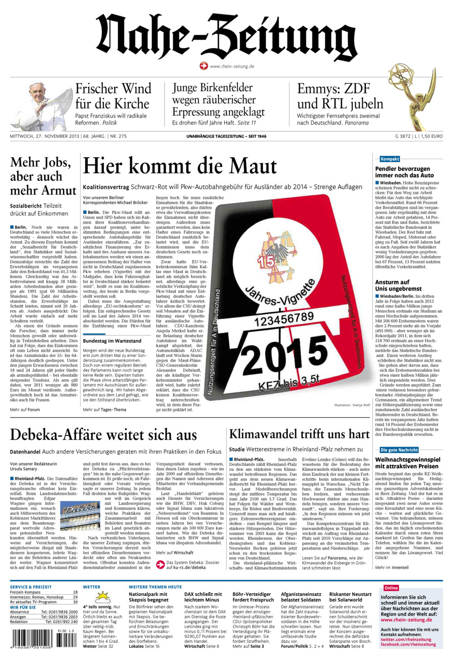 Nahe-Zeitung vom Mittwoch, 27.11.2013