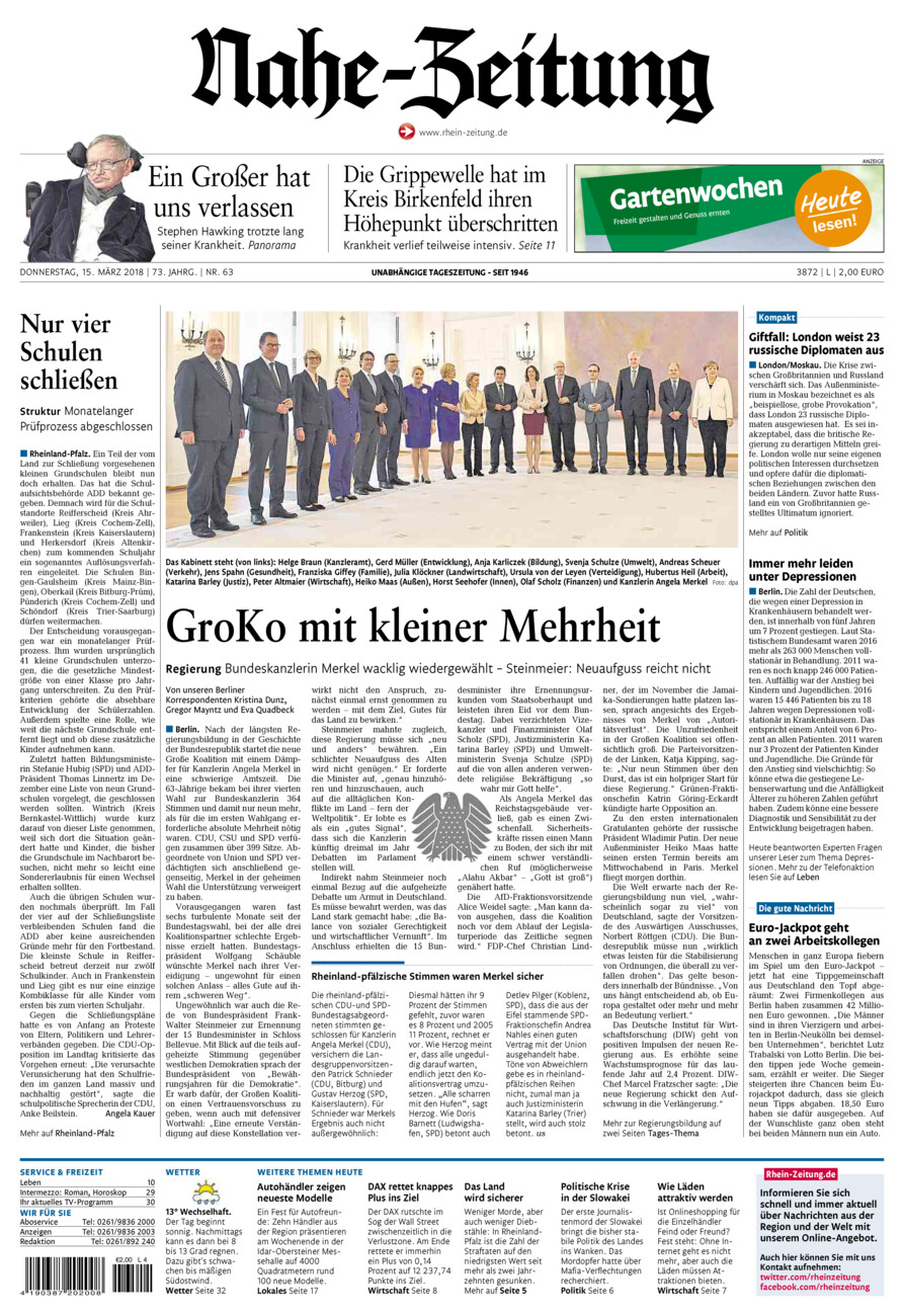 Nahe-Zeitung vom Donnerstag, 15.03.2018