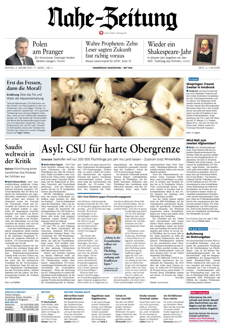 Nahe-Zeitung vom Montag, 04.01.2016