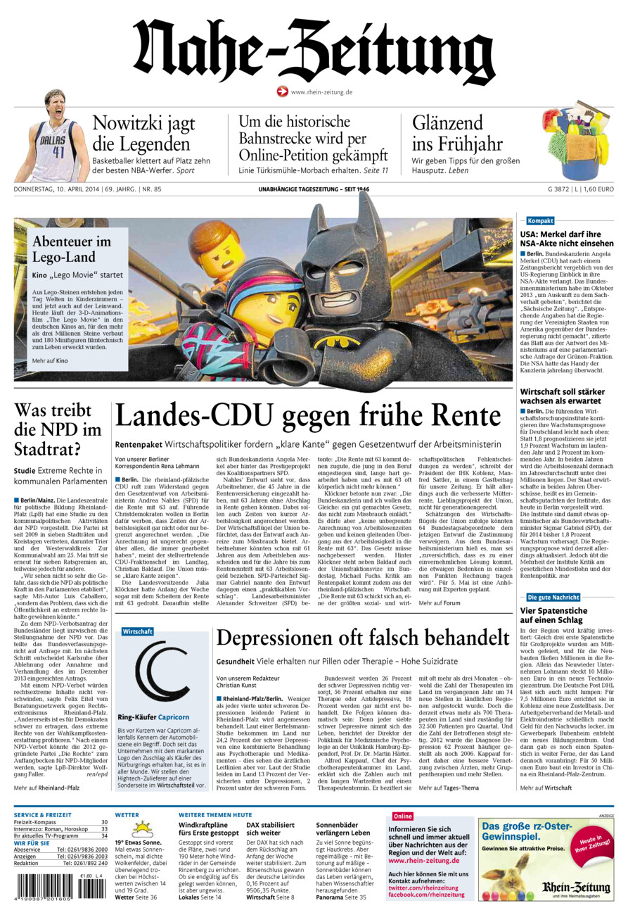 Nahe-Zeitung vom Donnerstag, 10.04.2014