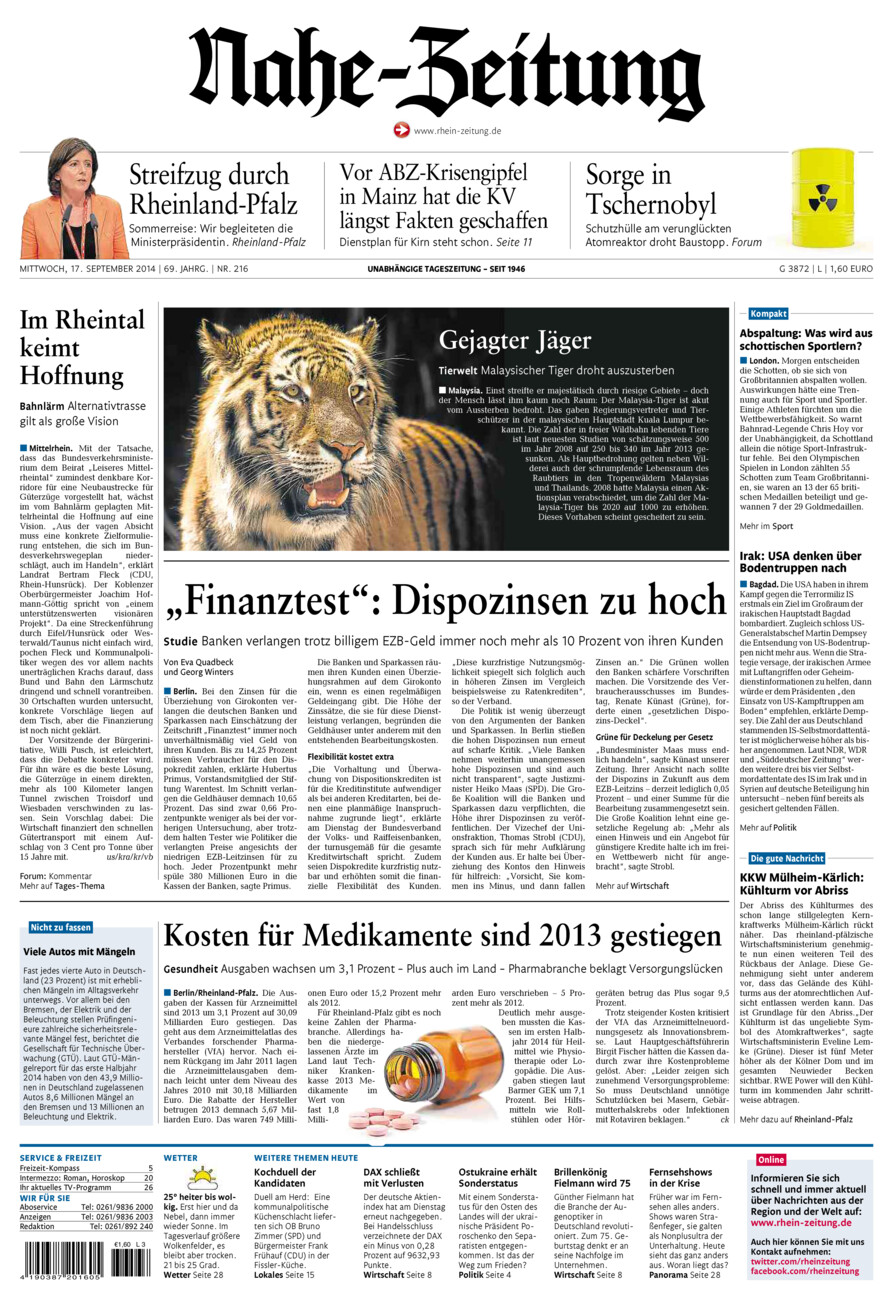 Nahe-Zeitung vom Mittwoch, 17.09.2014