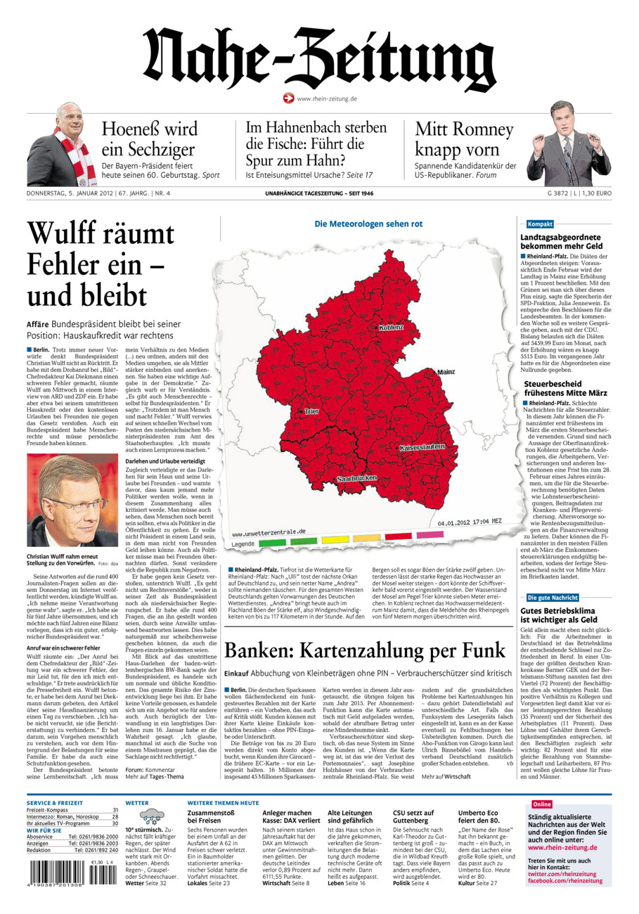 Nahe-Zeitung vom Donnerstag, 05.01.2012