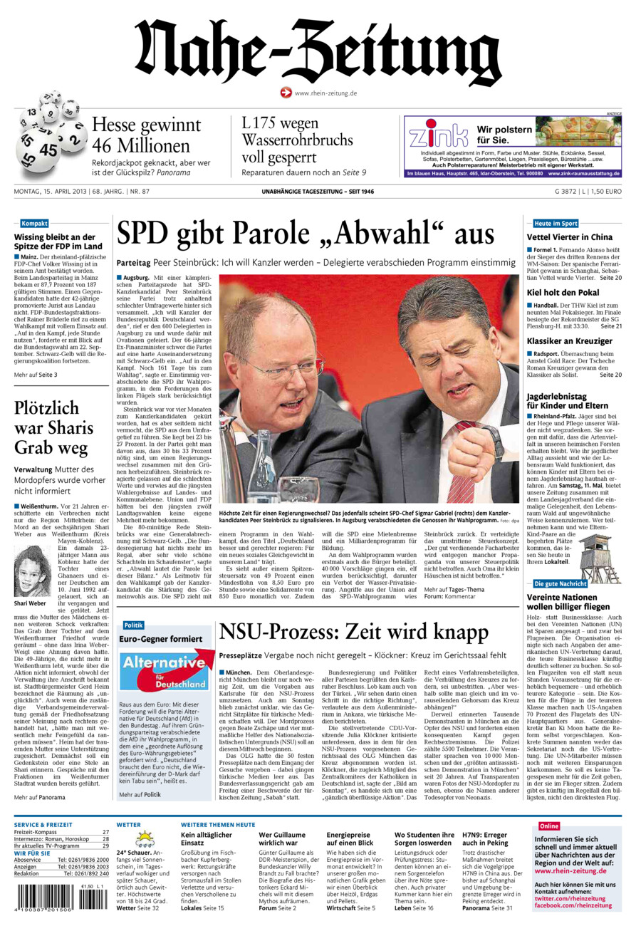 Nahe-Zeitung vom Montag, 15.04.2013