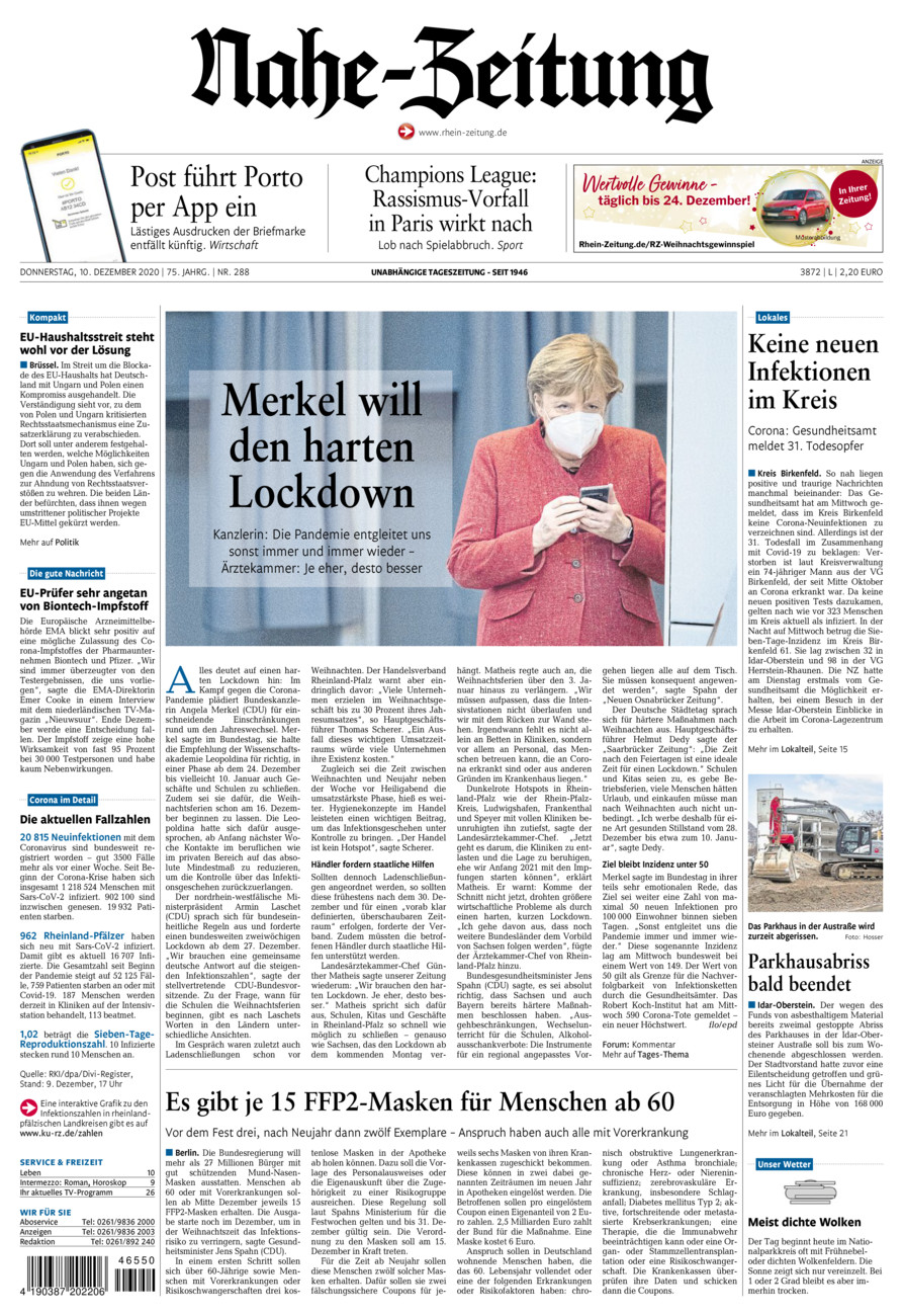 Nahe-Zeitung vom Donnerstag, 10.12.2020